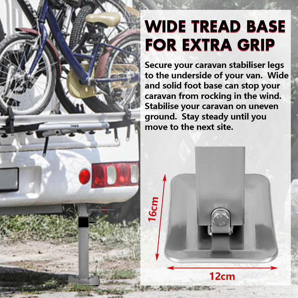 Caravan stabilizer leg with wide tread base and measurement details, attached to a van.