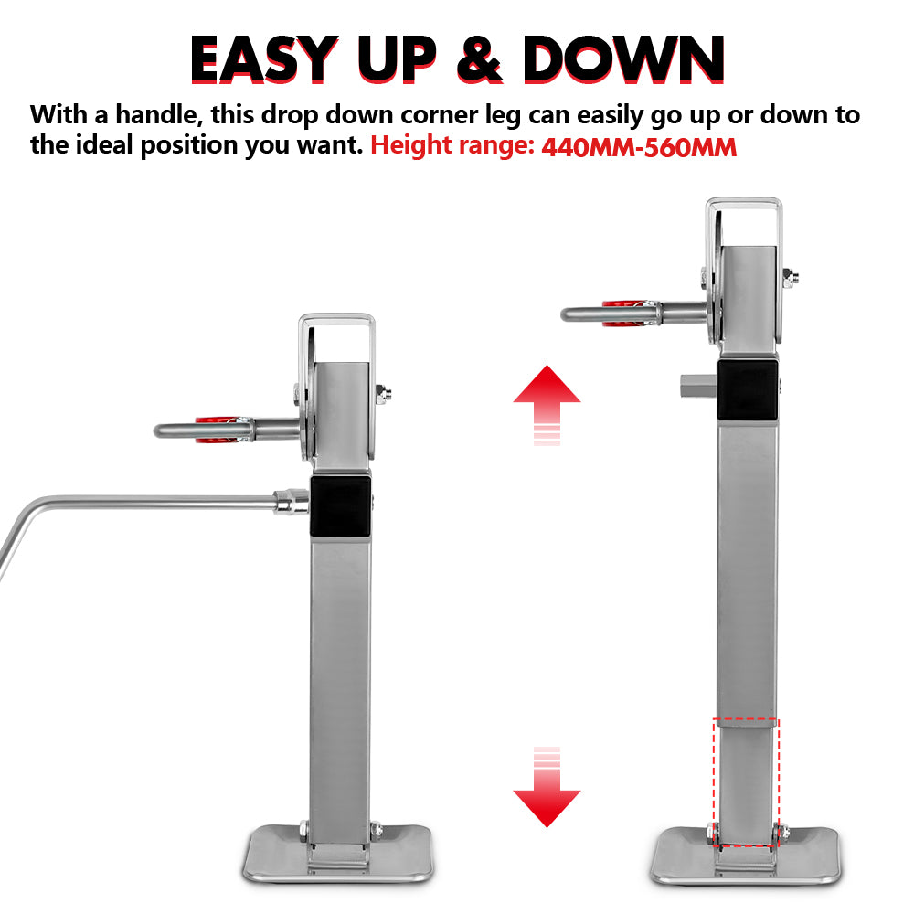 Adjustable drop-down corner leg with handle for height adjustment on a white background