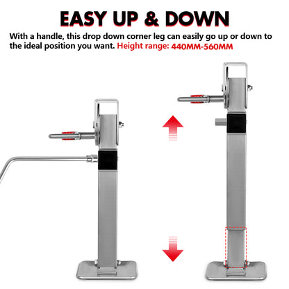 Adjustable drop-down corner leg with handle for height adjustment on a white background