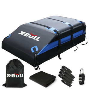 Car roof rack with X-Bull branding, including a mat, straps, and lock on a white background.