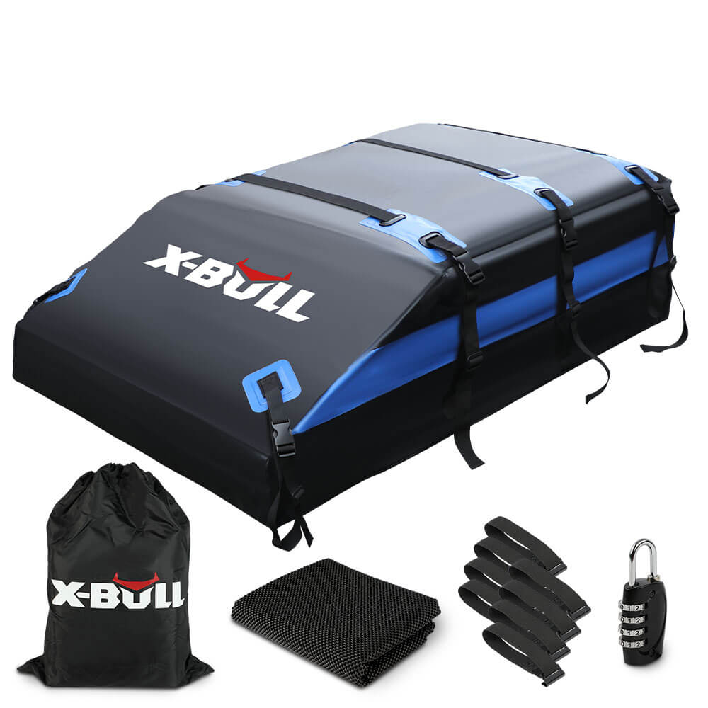Car roof rack with X-Bull branding, including a mat, straps, and lock on a white background.