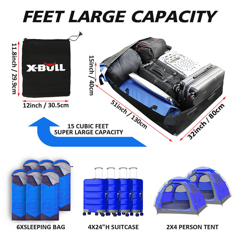 X-Bull storage bag with dimensions and capacity details, showing sleeping bags, suitcases, and a tent.