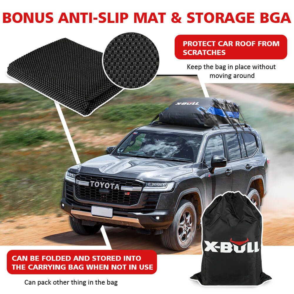 Car with X-BULL roof storage bag and anti-slip mat on a scenic background