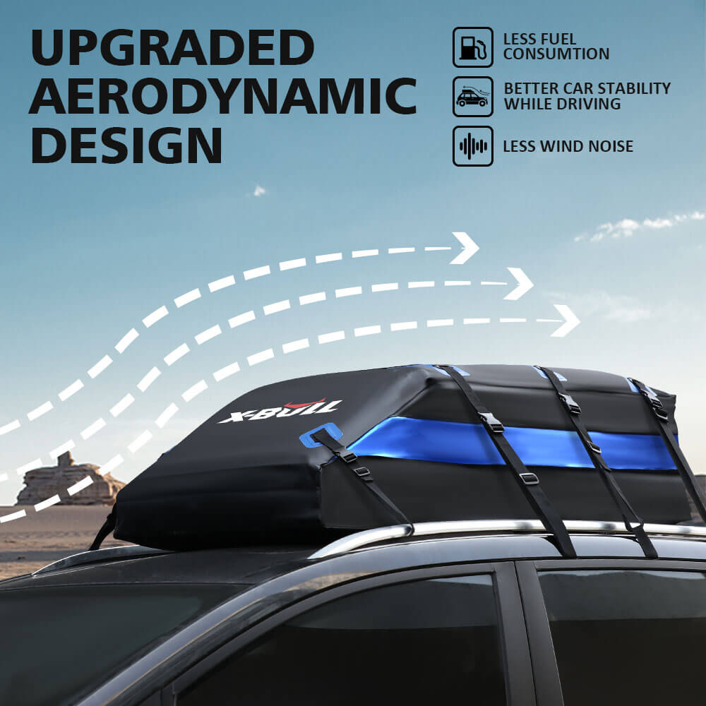 Roof rack system with upgraded aerodynamic design on a car, featuring text about benefits.