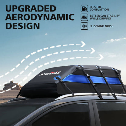 Roof rack system with upgraded aerodynamic design on a car, featuring text about benefits.