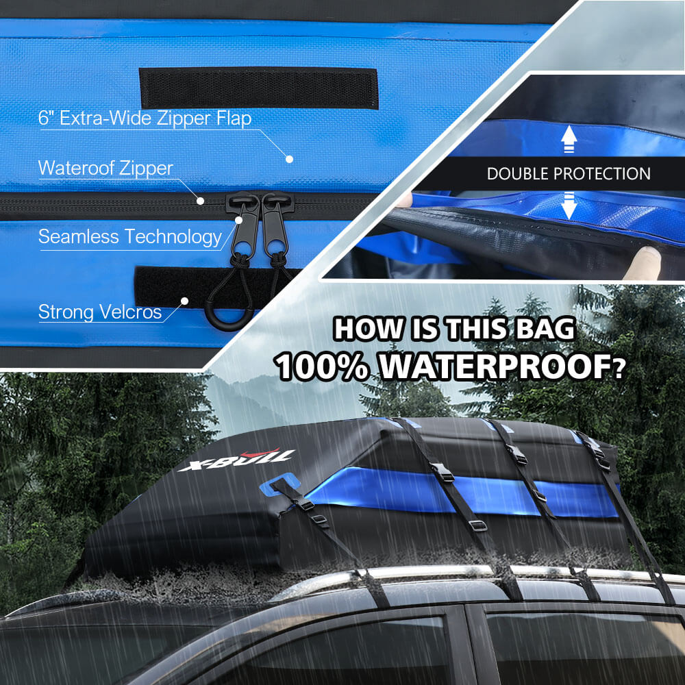 Waterproof roof bag with features highlighted and a car with the bag on top.