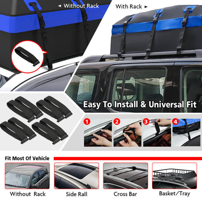 Car roof rack system with installation steps and compatibility illustrations.