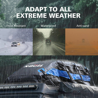 Car roof rack with weather-resistant features shown in various extreme weather conditions.