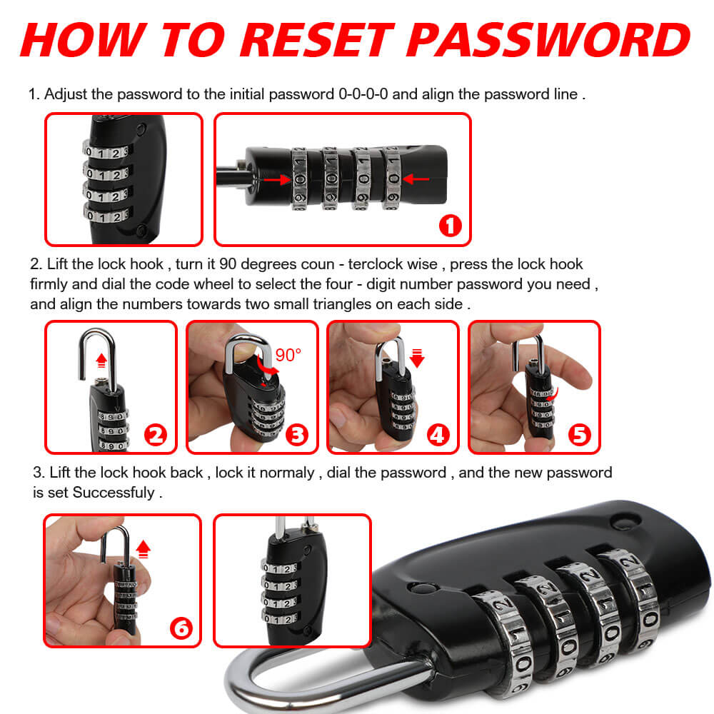 Instructions on how to reset a combination lock with step-by-step illustrations.