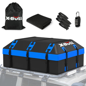 Black and blue X-BULL roof box with accessories on a white background