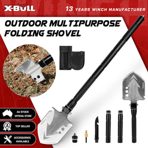 Outdoor multipurpose folding shovel with accessories on a red and white background, featuring X-Bull branding.