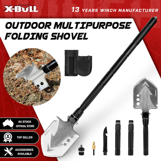 Outdoor multipurpose folding shovel with accessories on a red and white background, featuring X-Bull branding.