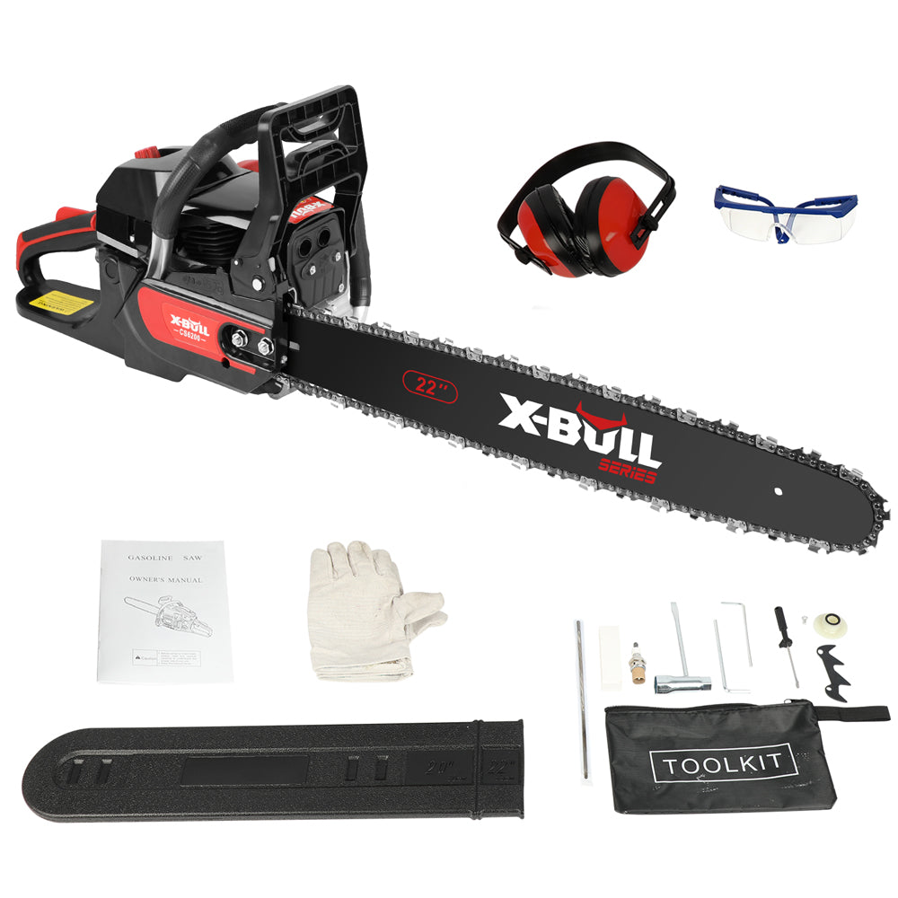 X-Bull chainsaw with safety gear and accessories on a white background