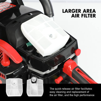 Air filter of a power washer with text highlighting its features