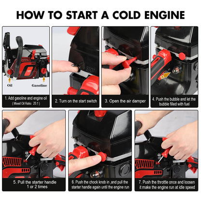 Step-by-step guide on how to start a cold engine with a focus on a black and red device.