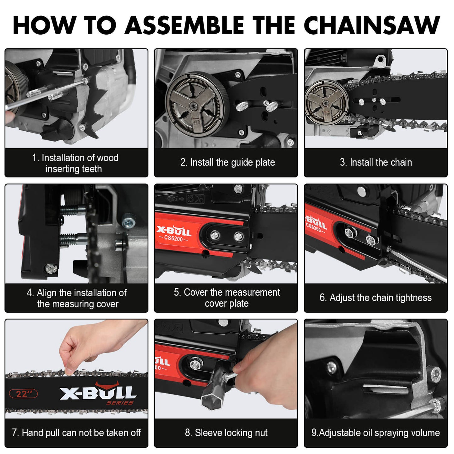 Step-by-step guide on how to assemble a chainsaw with labeled images.