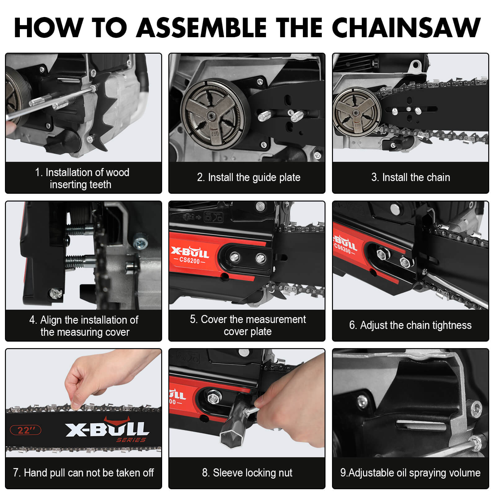 Step-by-step guide on how to assemble a chainsaw with labeled images.