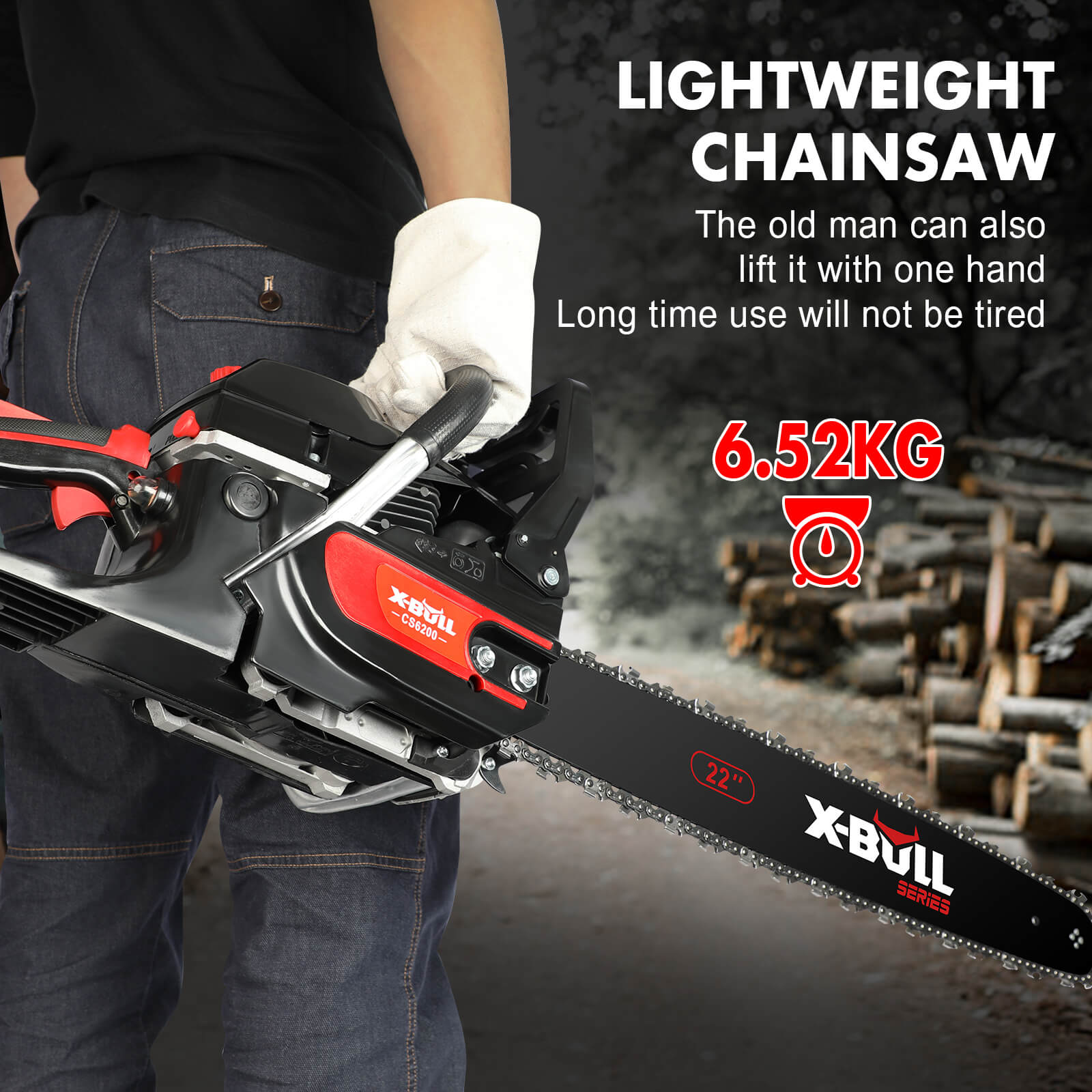 X-Bull chainsaw being held by a person with text highlighting its lightweight design and brand.
