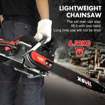 X-Bull chainsaw being held by a person with text highlighting its lightweight design and brand.