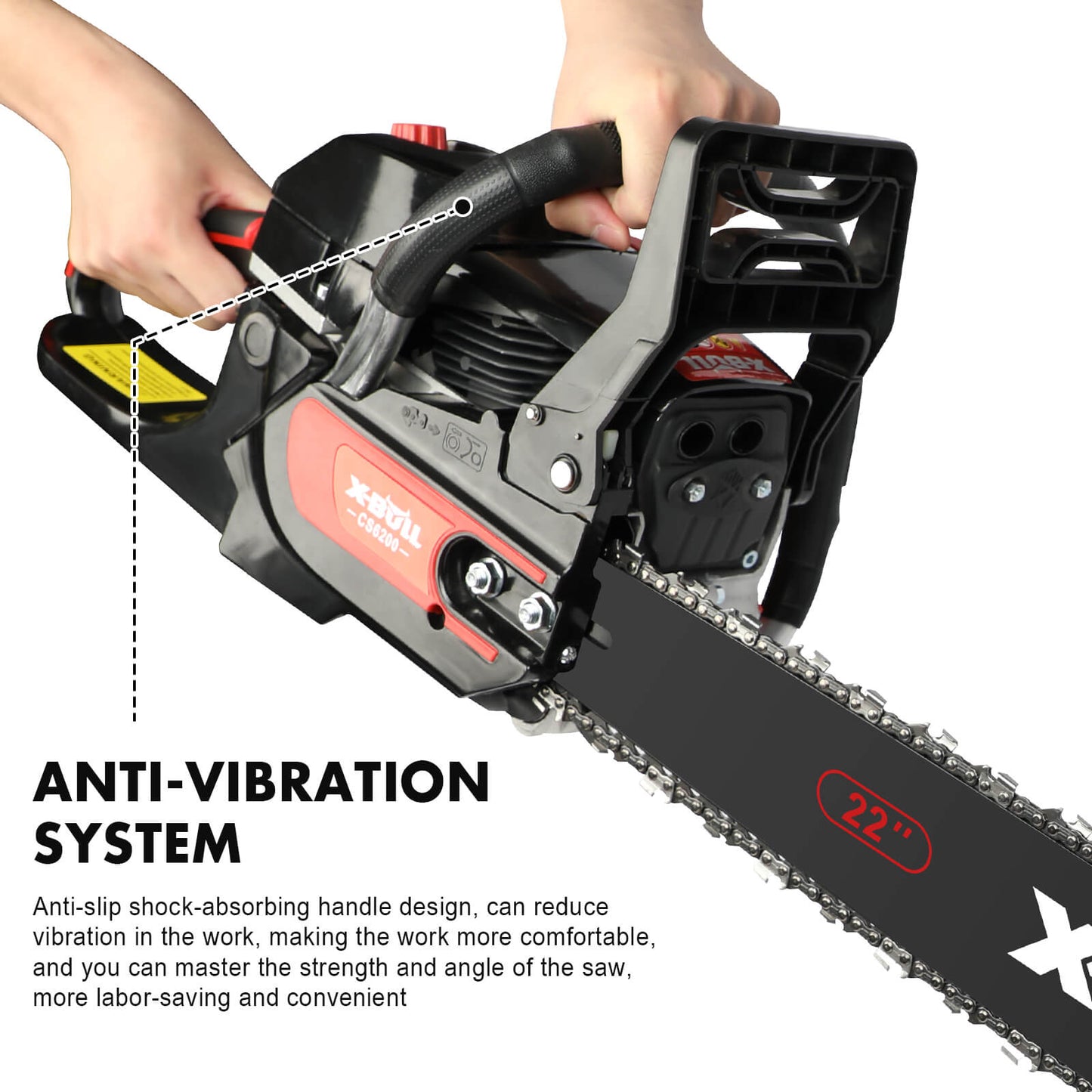 Close-up of a chainsaw with anti-vibration system text on a white background