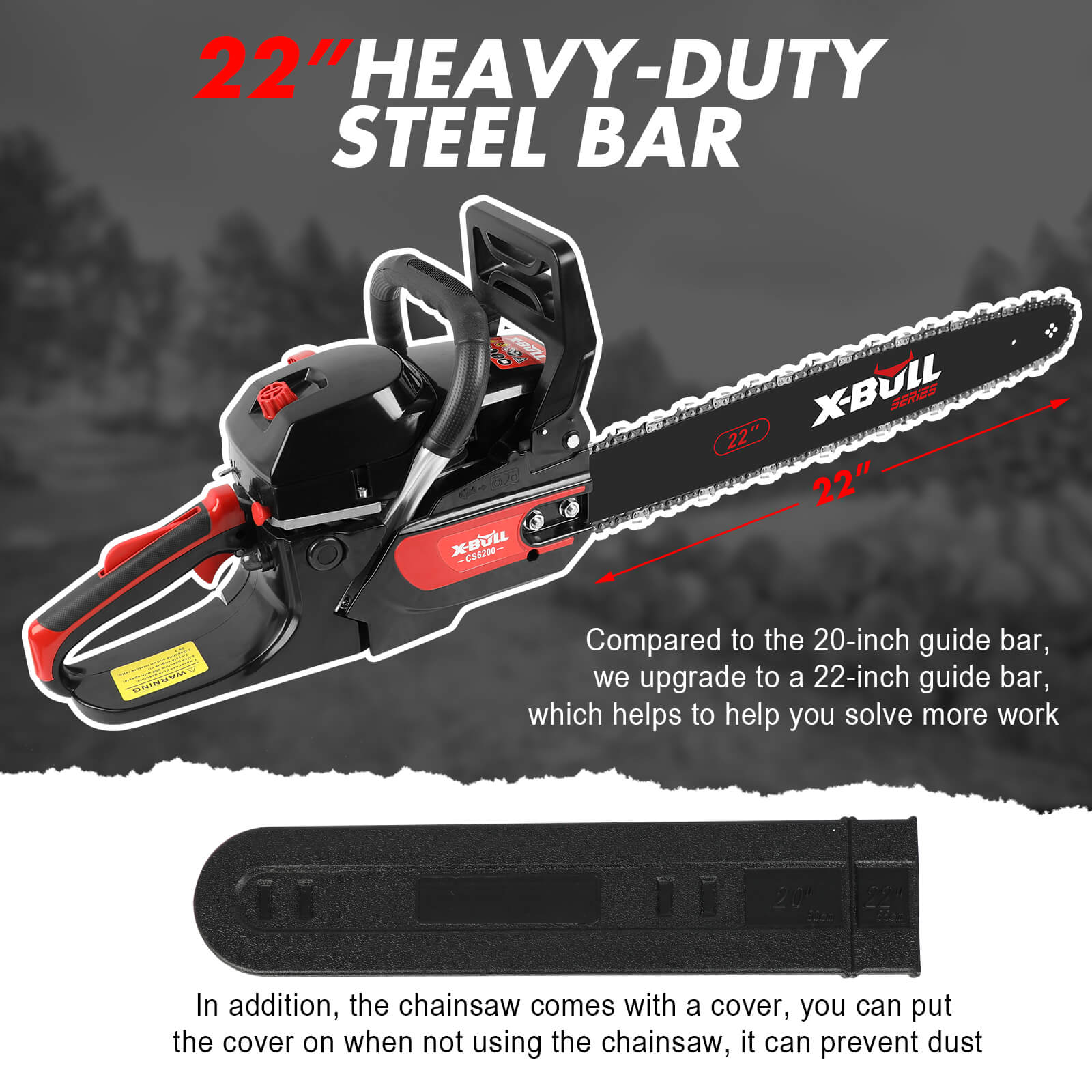 Heavy-duty chainsaw with a 22-inch steel bar and X-BULL branding, set against a blurred outdoor background.