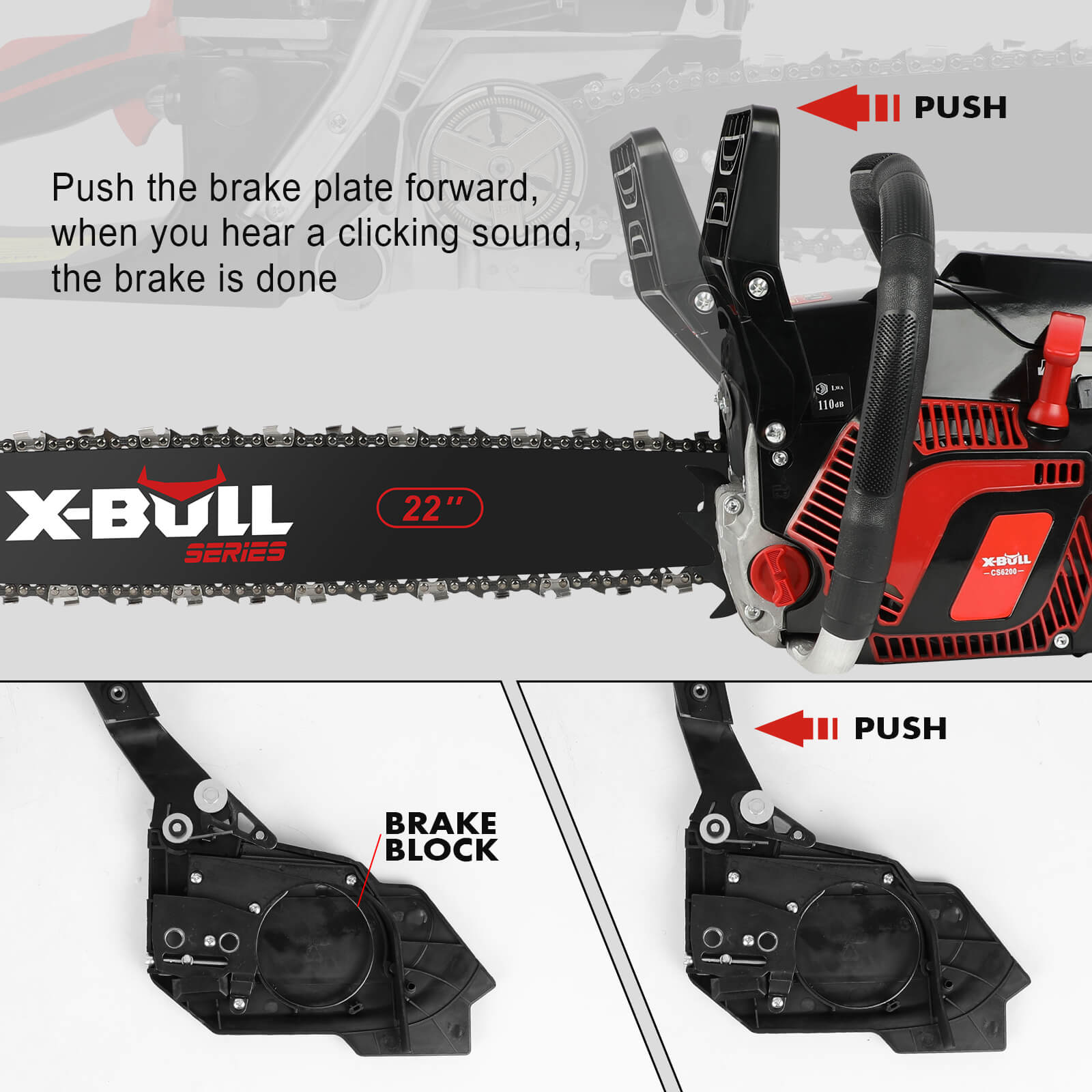 X-Bull chainsaw with brake mechanism illustration on a white background