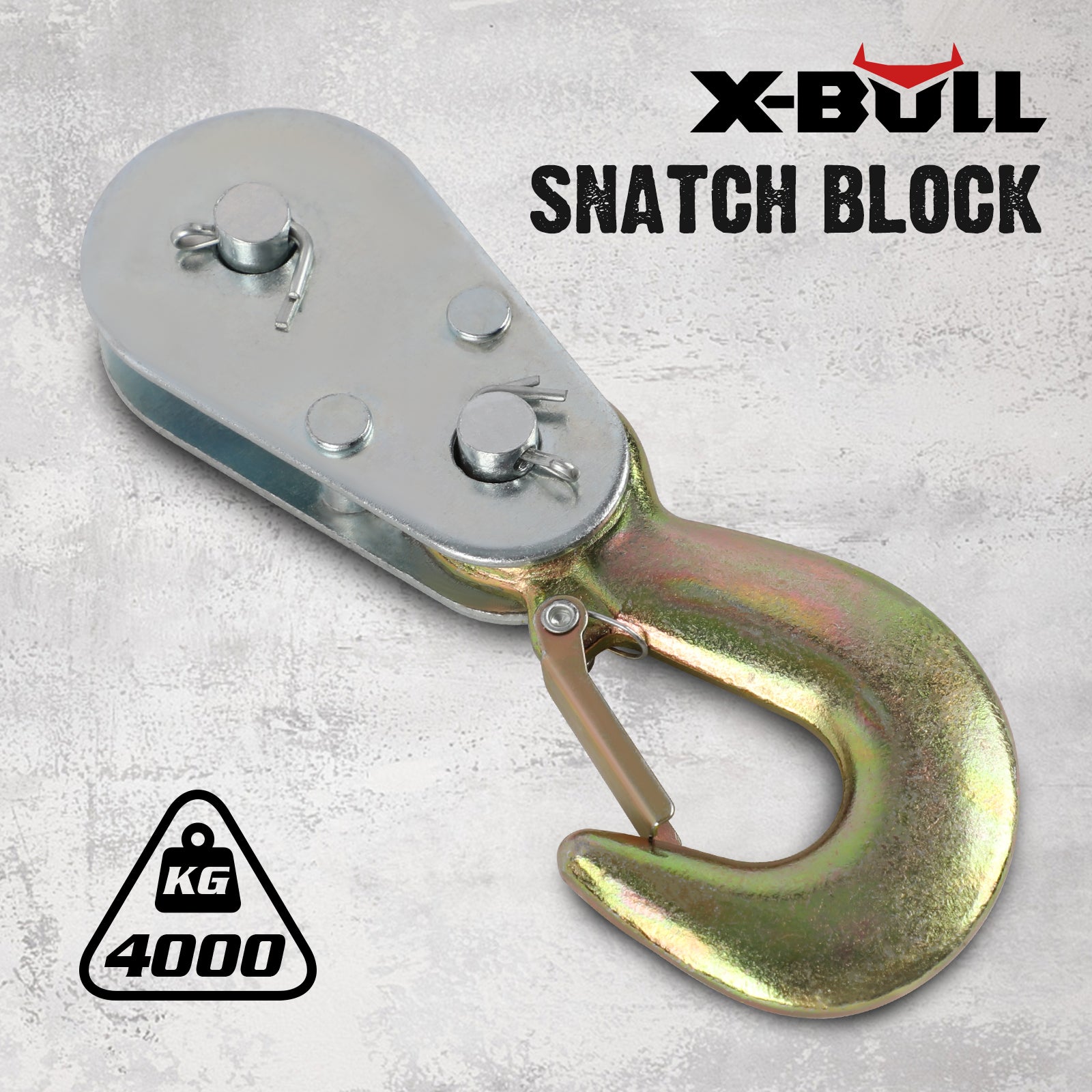 X-Bull snatch block with a hook on a gray background