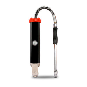 Black and red tool with a flexible shaft on a white background