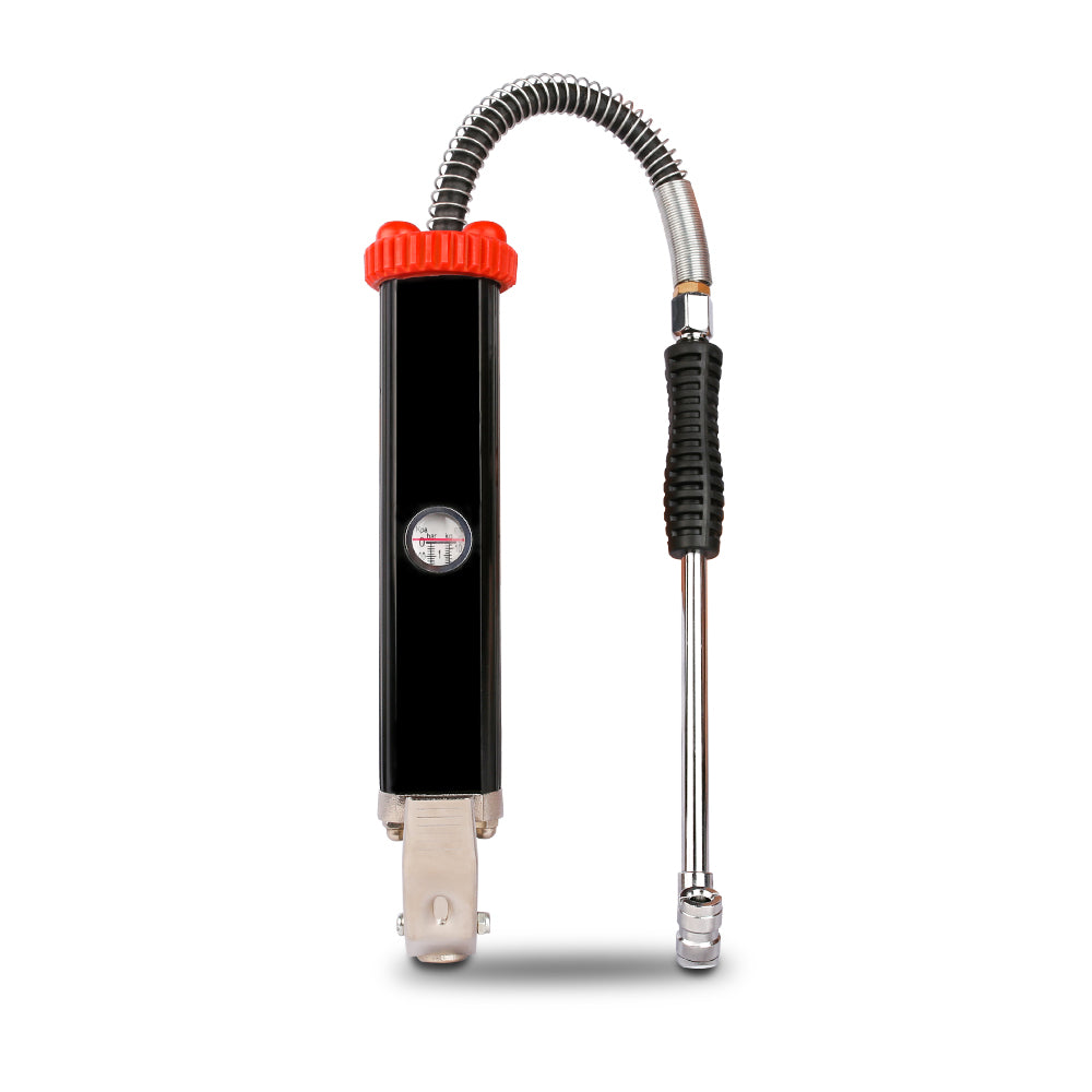 Black and red tool with a flexible shaft on a white background