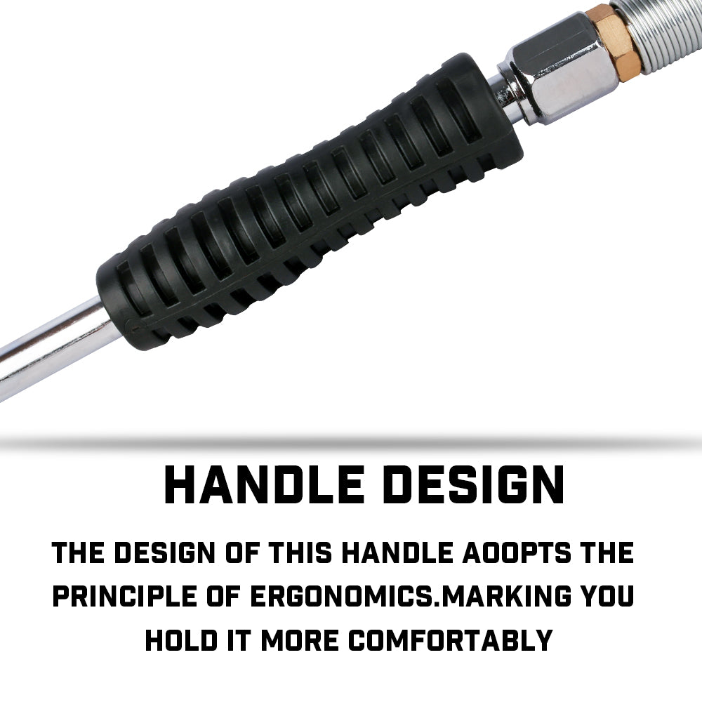 Close-up of a black handle with text highlighting ergonomic design on a white background