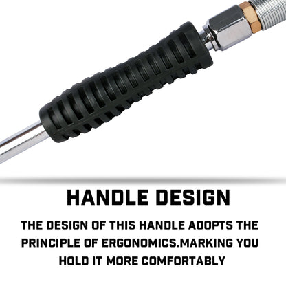 Close-up of a black handle with text highlighting ergonomic design on a white background