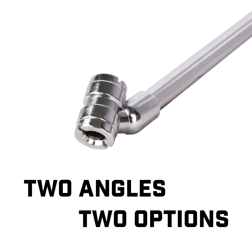 Metal pipe fitting on a white background with text 'Two Angles Two Options'.