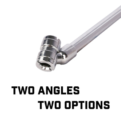 Metal pipe fitting on a white background with text 'Two Angles Two Options'.