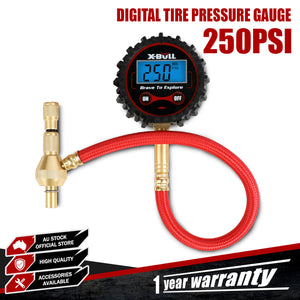 Digital tire pressure gauge with red hose and gold nozzle on a white background, featuring X-Bull branding.