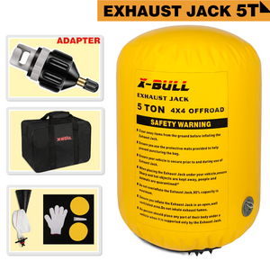 X-Bull exhaust jack with adapter, safety warning label, and carrying bag on a white background