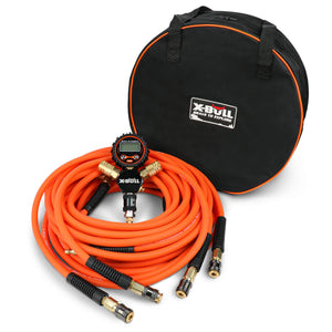 Orange air hose set with black and gold connectors and a black carrying bag on a white background.
