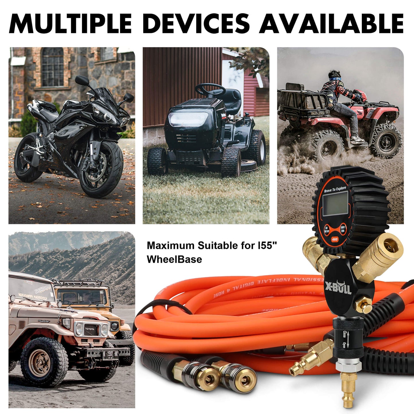 Collage of vehicles including a motorcycle, ATV, and truck with a tire pressure gauge and hoses in the foreground.