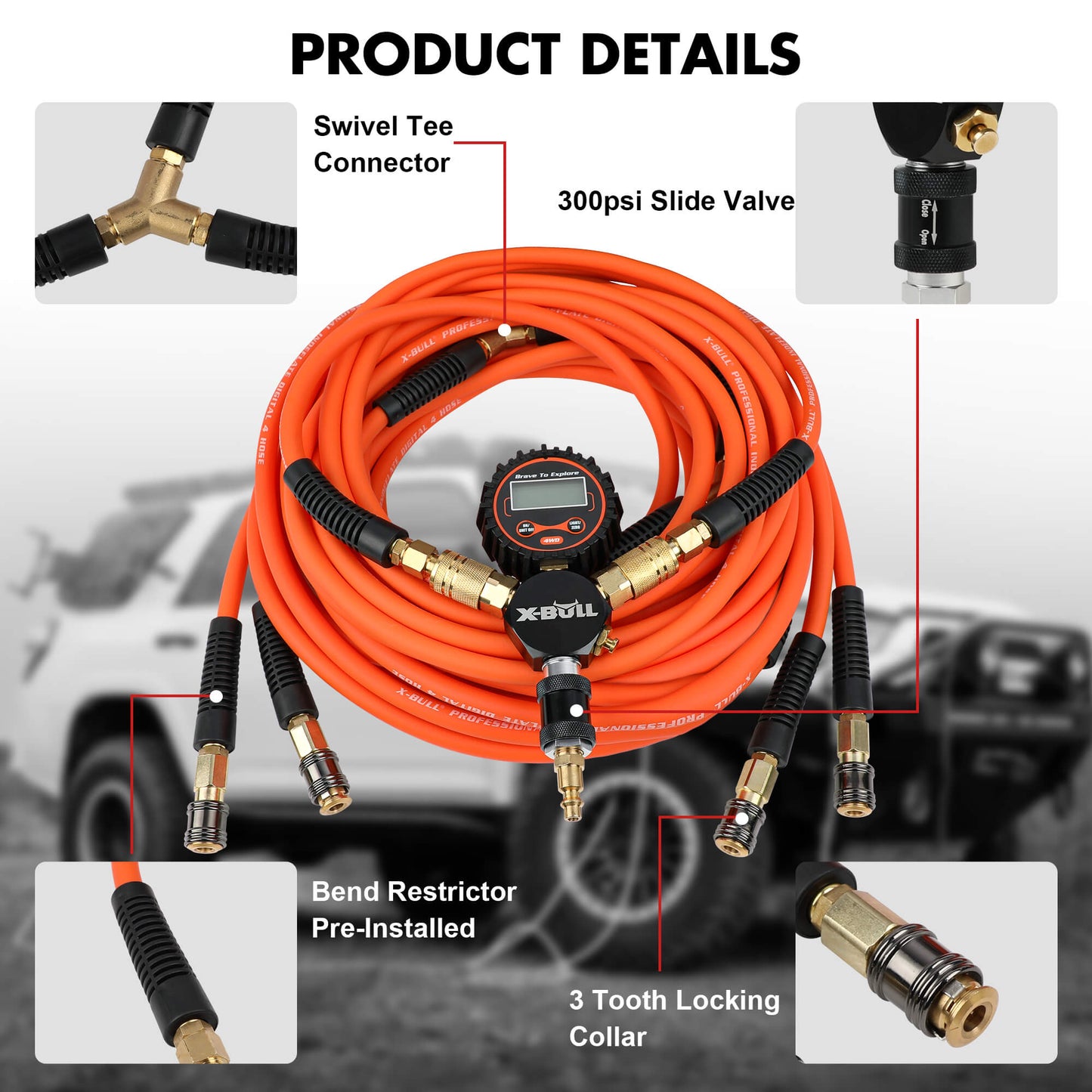 Orange air hose with pressure gauge and connectors, featuring product details on a blurred background.
