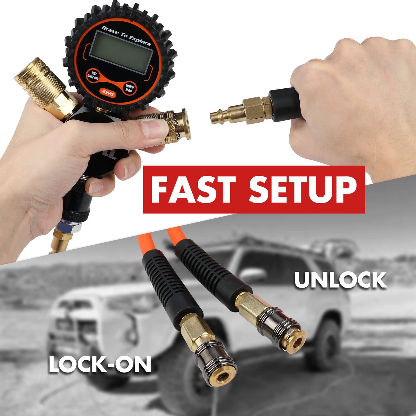 Digital tire inflator with hoses and connectors, with text 'Fast Setup', 'Unlock', and 'Lock-On' on a blurred background of a vehicle.
