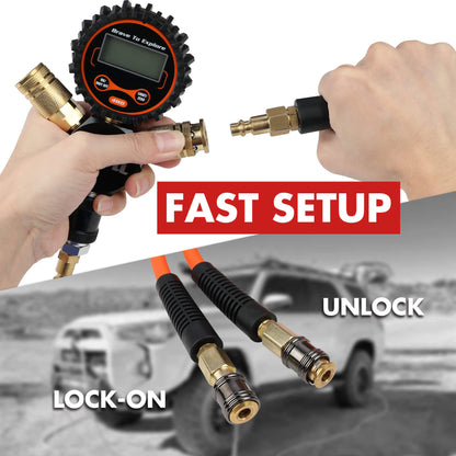 Digital tire inflator with hoses and connectors, with text 'Fast Setup', 'Unlock', and 'Lock-On' on a blurred background of a vehicle.