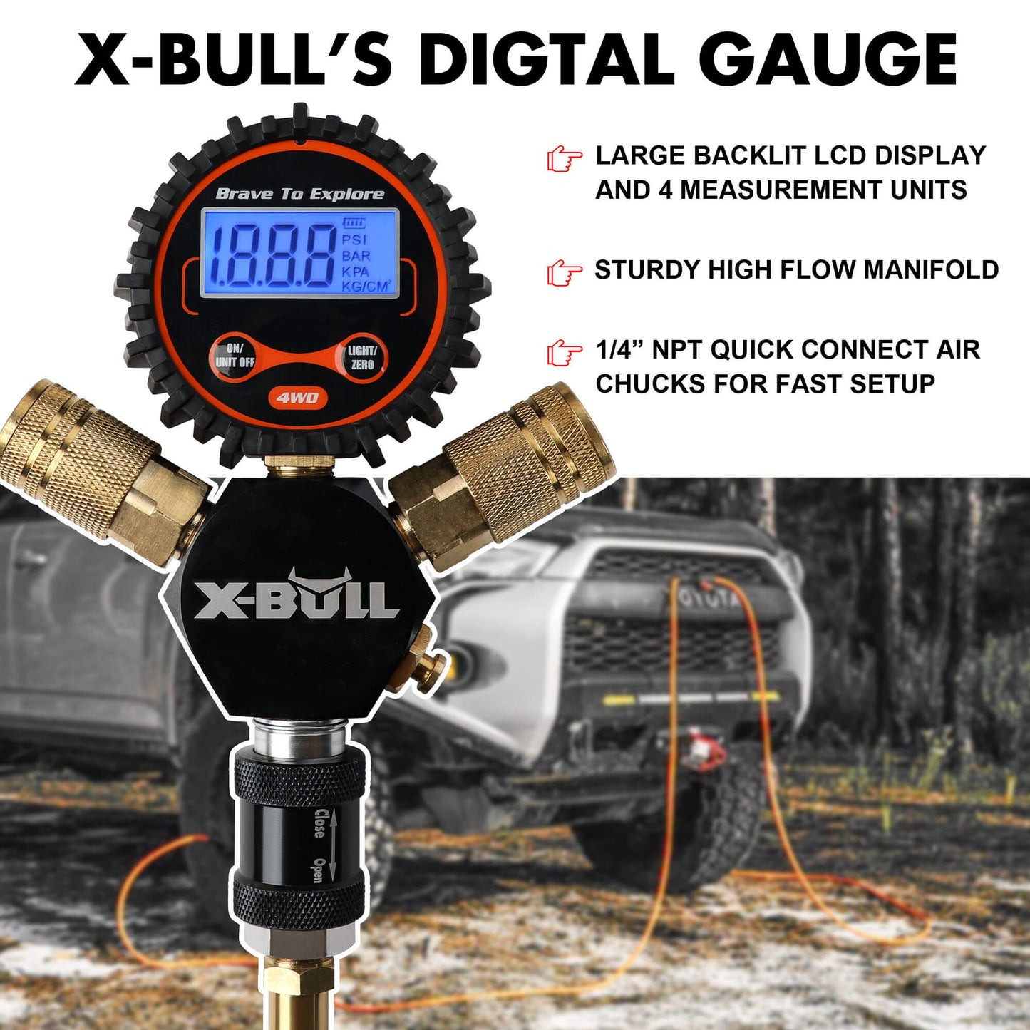 X-Bull digital gauge with features highlighted, set against a blurred outdoor background.