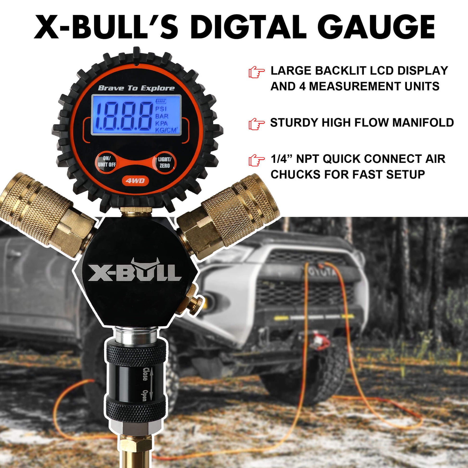 X-Bull digital gauge with features highlighted, set against a blurred outdoor background.