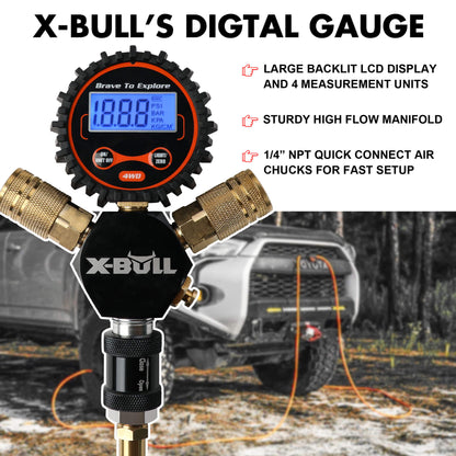 X-Bull digital gauge with features highlighted, set against a blurred outdoor background.