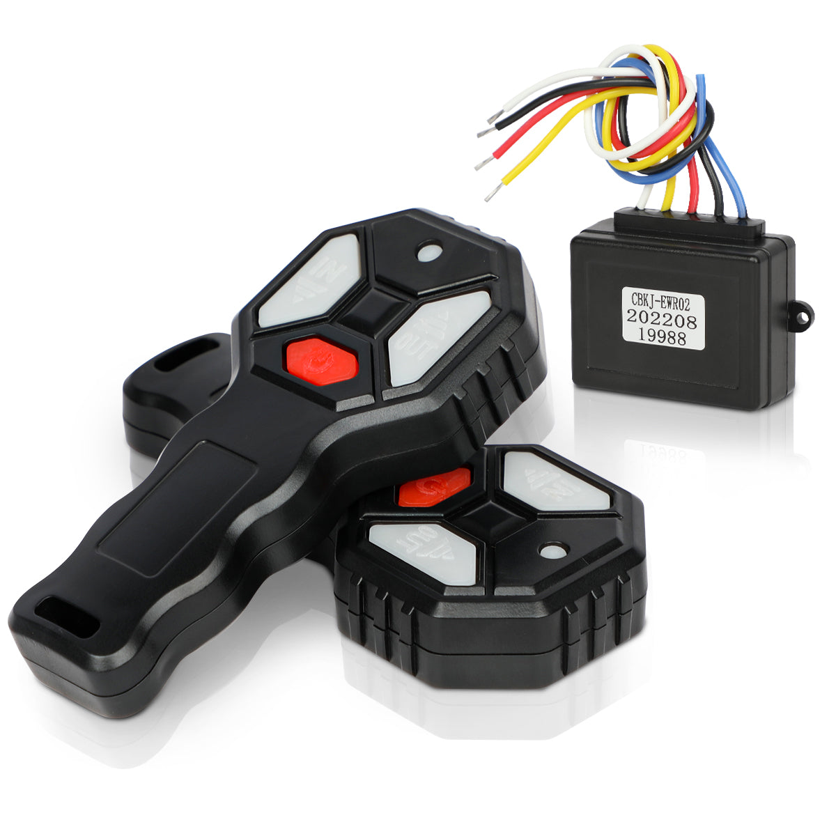 Black electronic device with red buttons and wiring on a white background