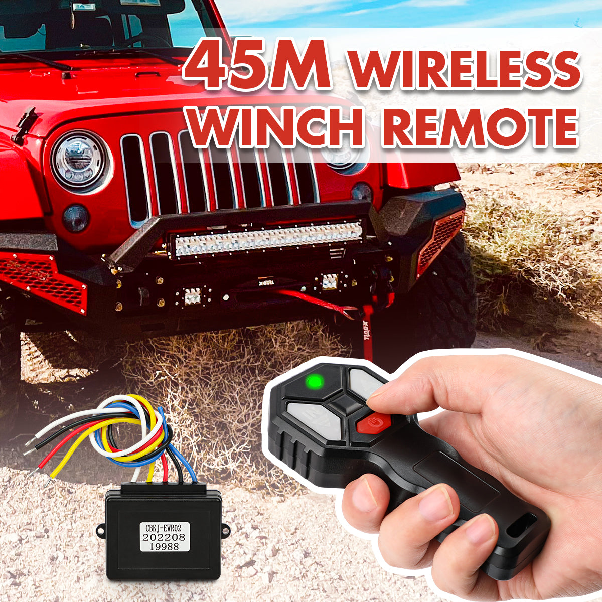 45M Wireless Winch Remote control with a red Jeep in the background