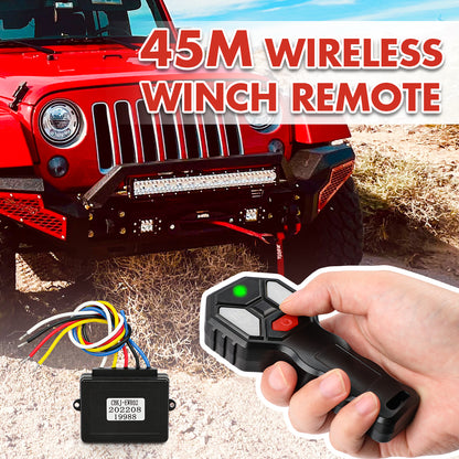 45M Wireless Winch Remote control with a red Jeep in the background
