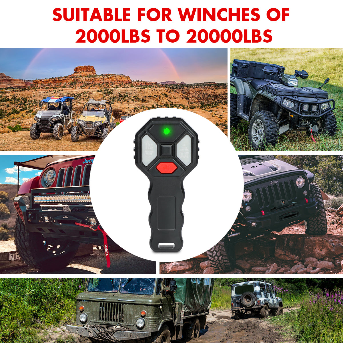 Collage of off-road vehicles with a focus on a winch control unit, suitable for 2000lbs to 2000lbs winches.