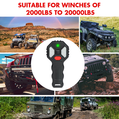 Collage of off-road vehicles with a focus on a winch control unit, suitable for 2000lbs to 2000lbs winches.