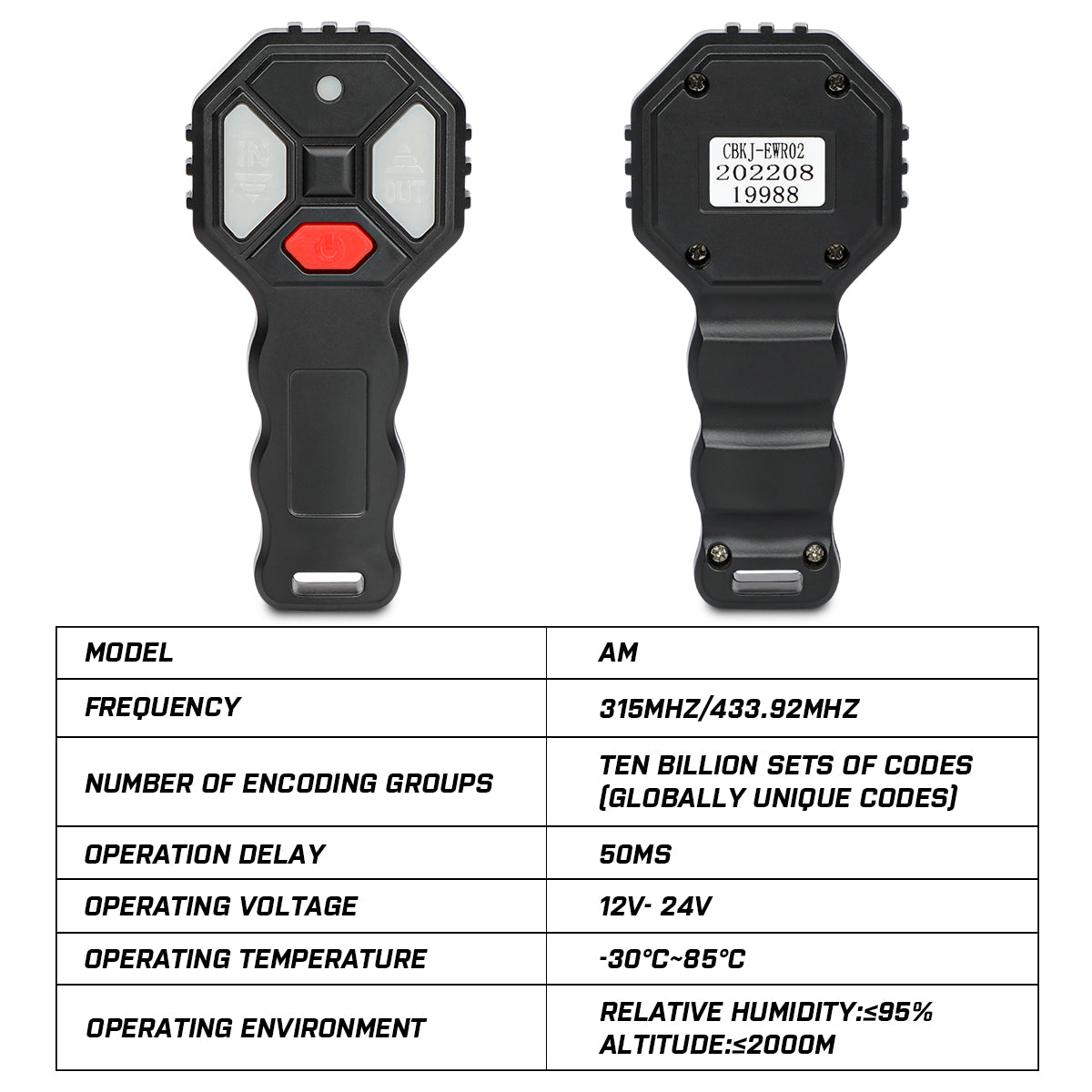 Black handheld device with red button on a white background, showing front and back views.