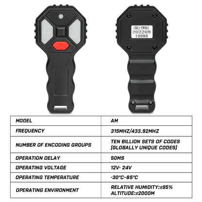 Black handheld device with red button on a white background, showing front and back views.